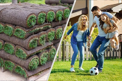 Ankara'da dayanıklı hazır rulo çim uygulaması sonrası yeşil bahçede vakit geçiren mutlu aile.